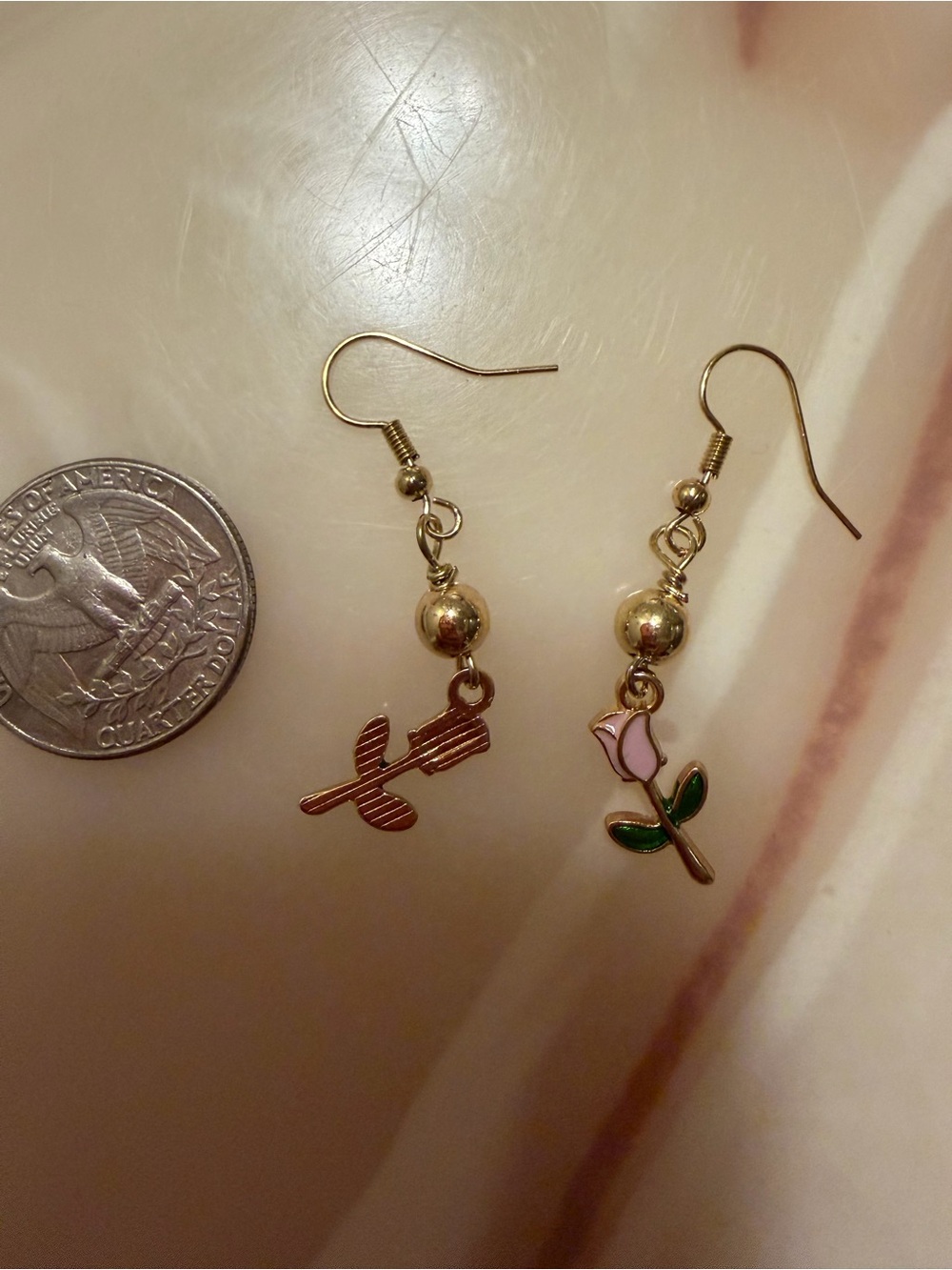 Gold-Tone Pink Rose and Leaf Dangle Earrings